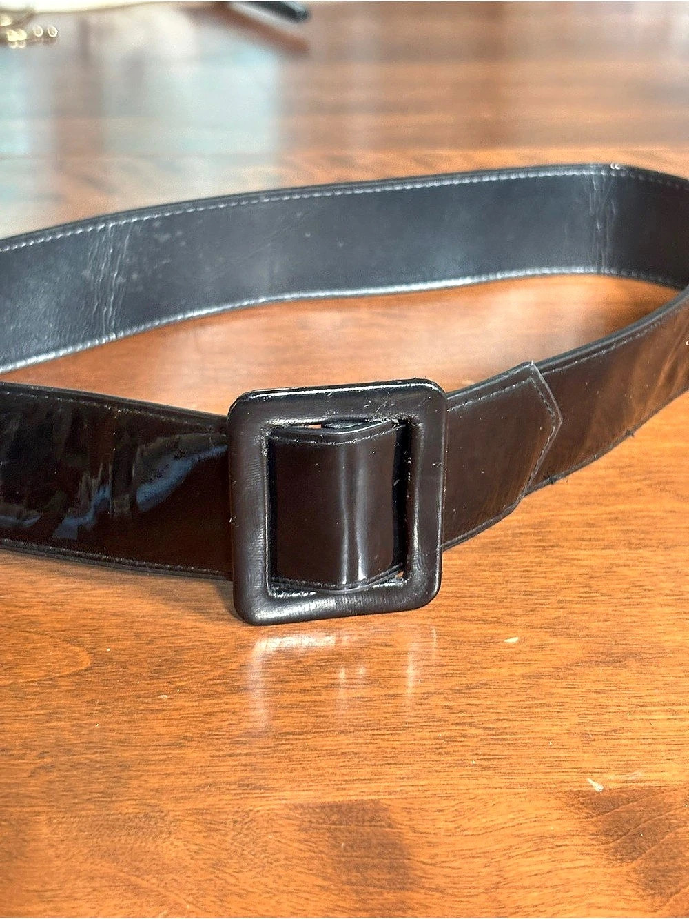 Vintage Black Patent Leather Cinch Belt Wide Slide Buckle 8